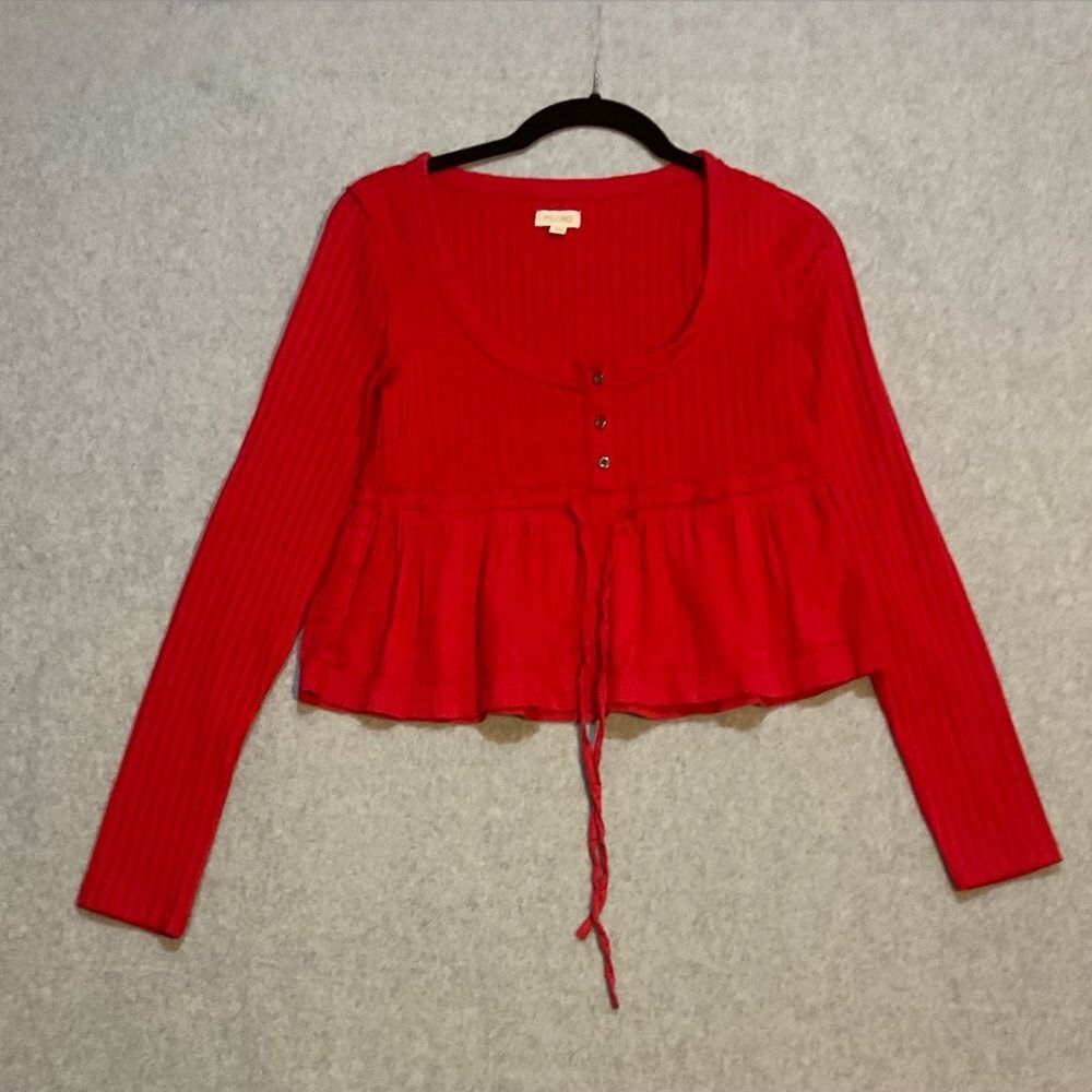 Pilcro Anthropologie Red Ribbed Peplum Top XXS Long Sleeve Button Front Boho